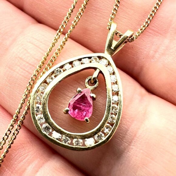 Estate Womens Necklace 14K Yellow Gold Ruby Diamond Pendant 18 Inch - Picture 1 of 6